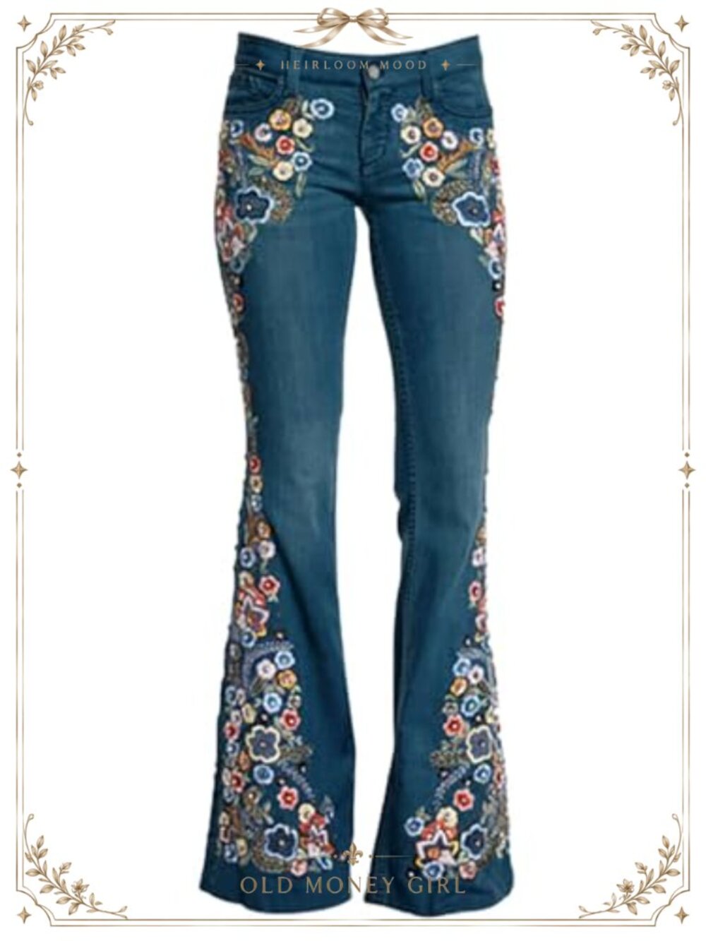 Mid Rise Floral Embroidered Flared Jeans Stretchy Denim Bell Bottom